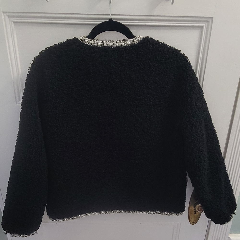 Glamourpuss NYC Faux Fur Blazer Black with Embroidered Pearl Trim Size M/L - Picture 5 of 8